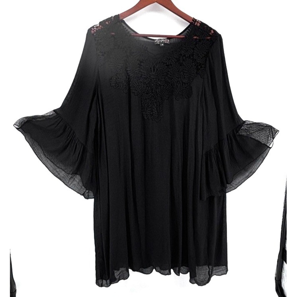J Glee 3X Black Boho Dress Embroidered Bell Sleeves Gothic Festival Flowy Drama